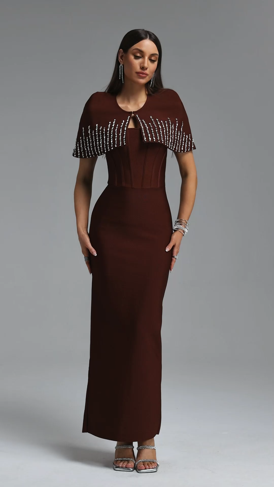 Frances Elegant Contour Rhinestone Shawl Strapless Brown Bandage Maxi Dress Set