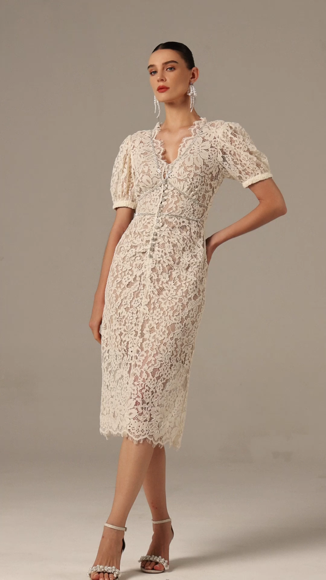Modan V-Neck Short Sleeve Lace Maxi Dress