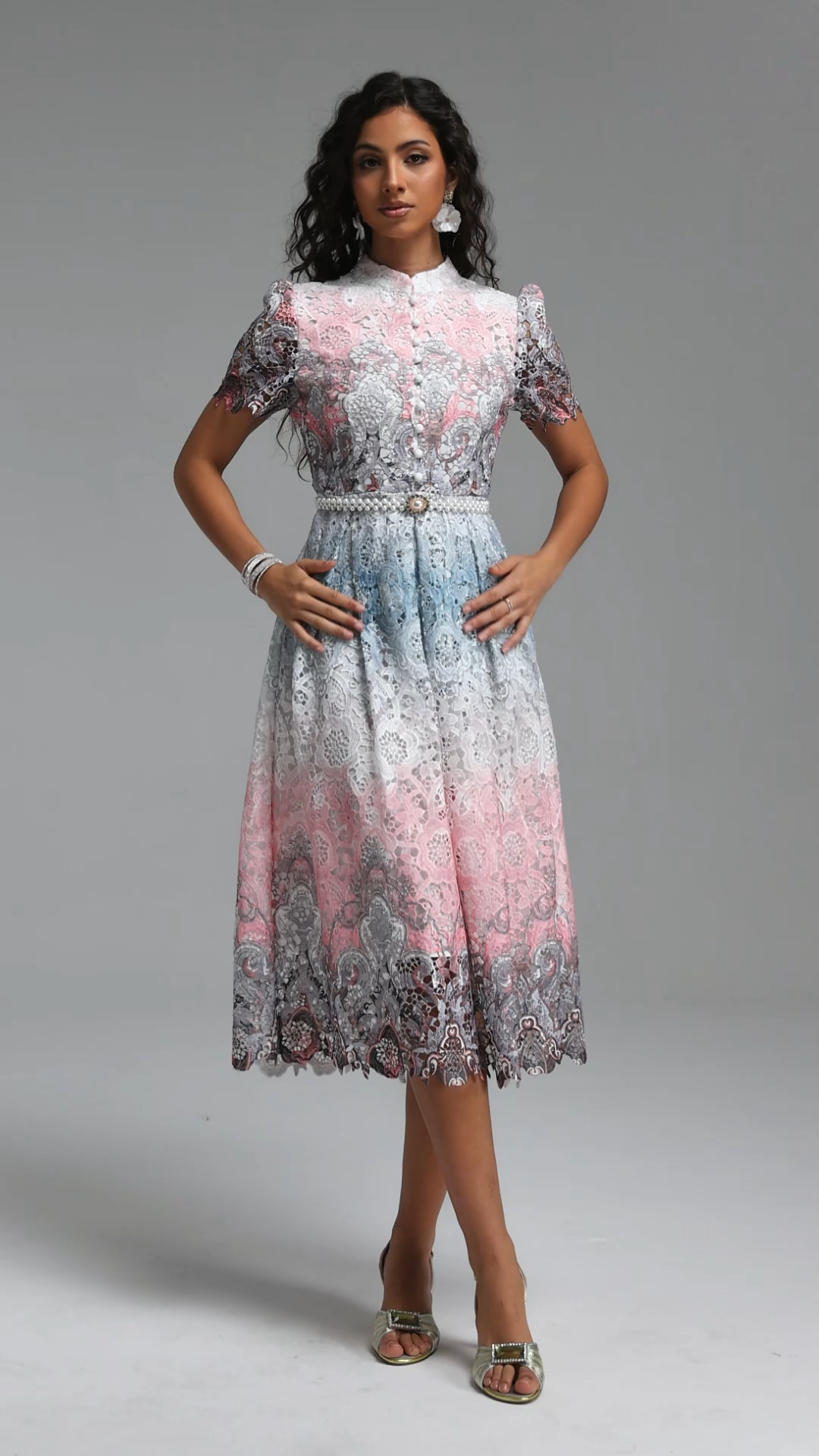 Weiss Resort Cinched Short Sleeve Floral Print Lace Midi Dress