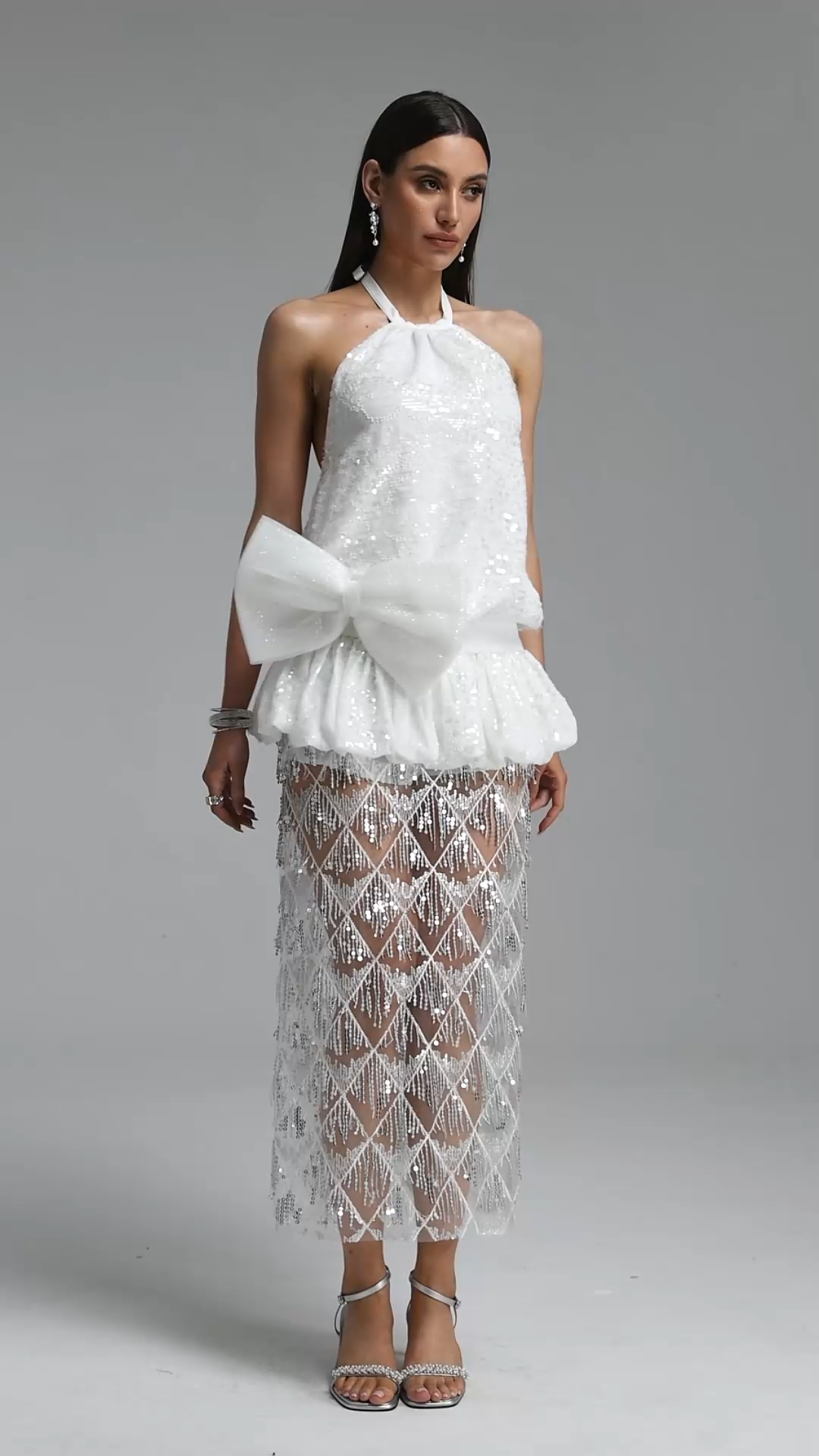 Doda Romantic Halter Sequin Bow Top And Skirt Set
