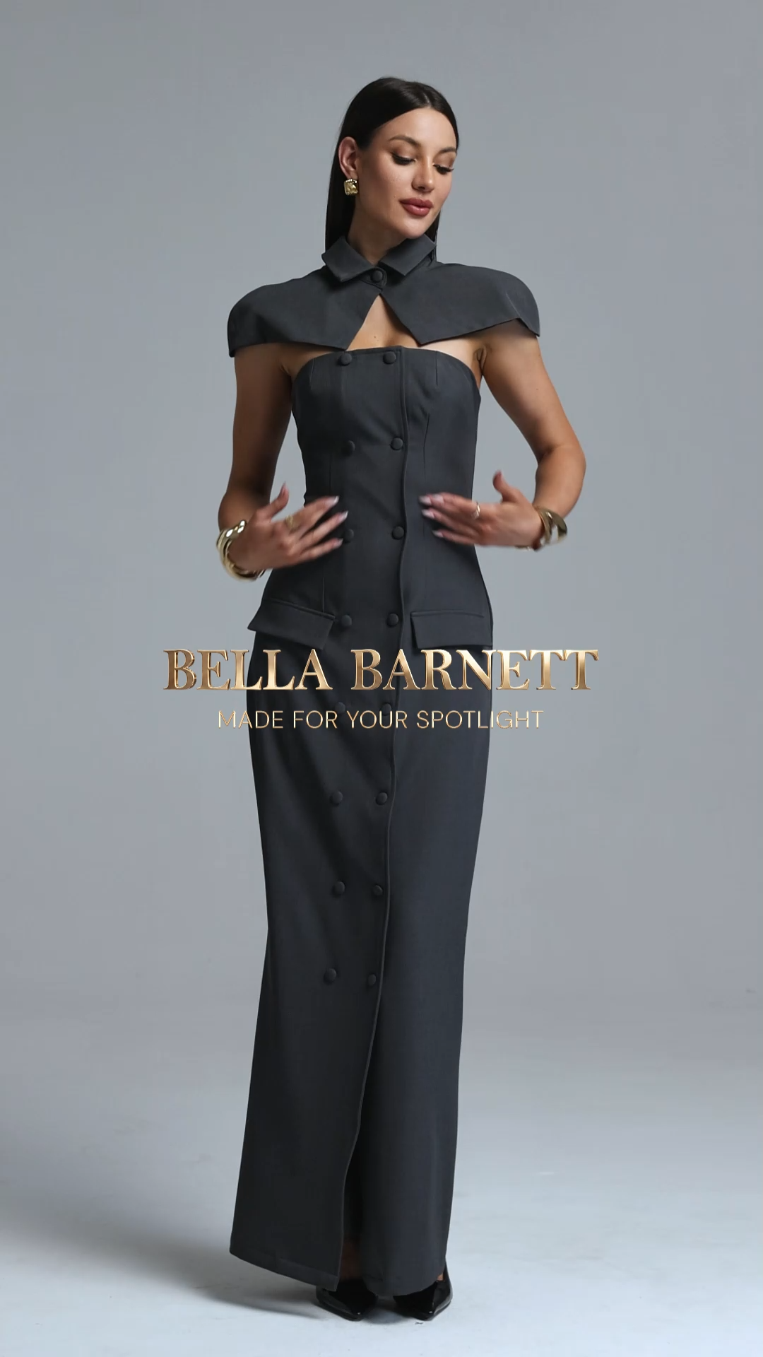 Falisa Sophisticated Cinched Waist Cape Bandeau Double Breasted Maxi Jumpsuit