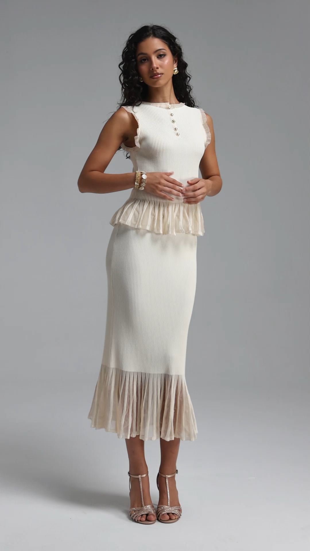 Elaina Romantic Contour Sleeveless Ruffle Knit Top and Skirt Two Piece Set