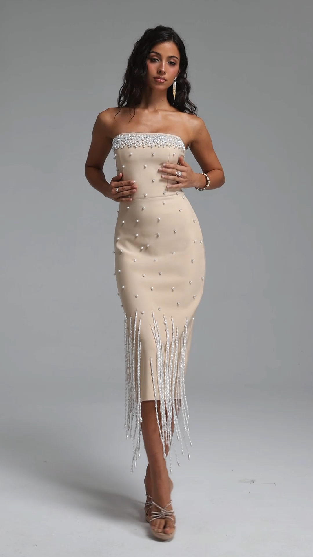 Lafare Chic Contour Strapless Pearl Fringe Bandage Maxi Dress