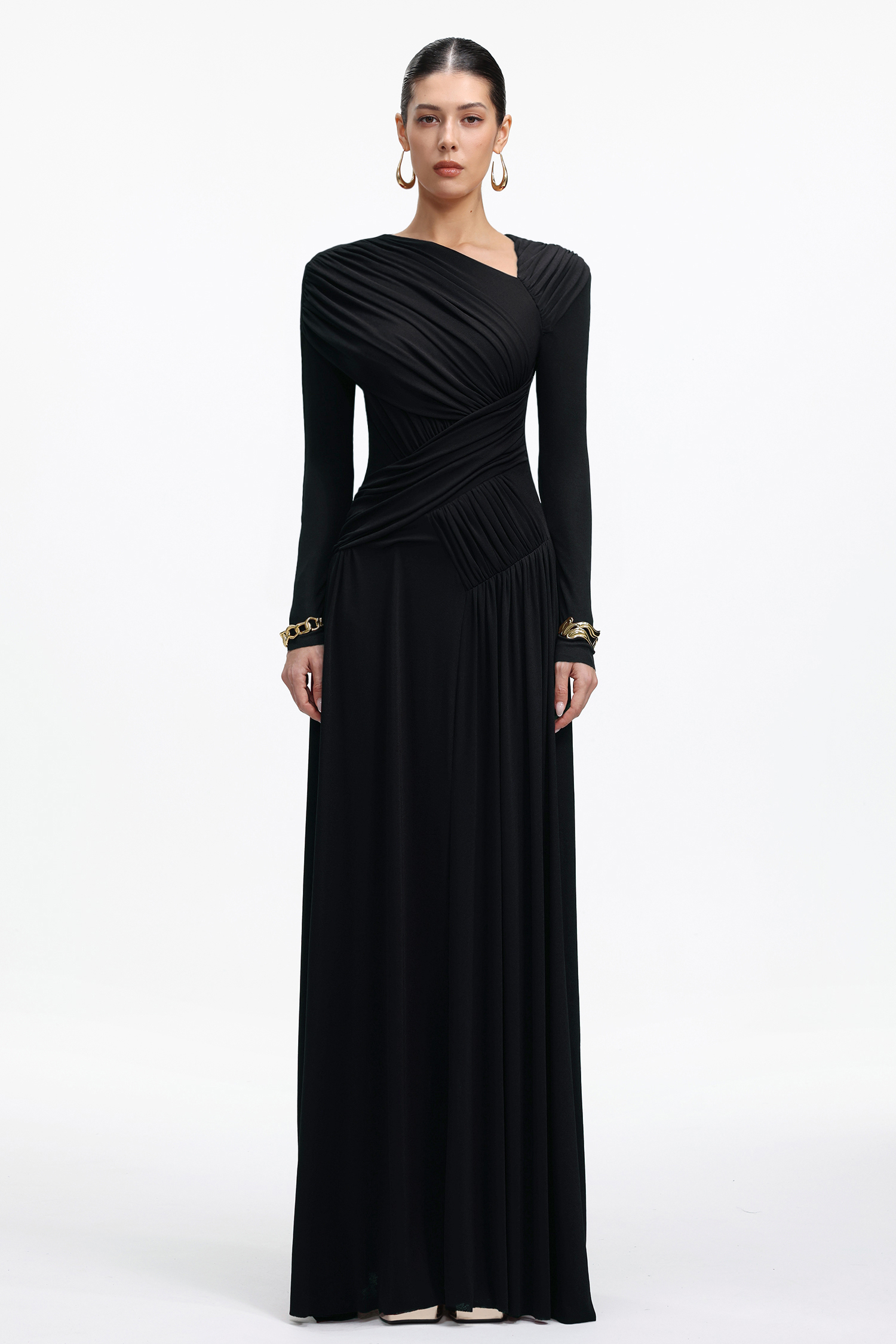 Elsie Elegant Contour Long Sleeve Ruched Knit Black Maxi Dress