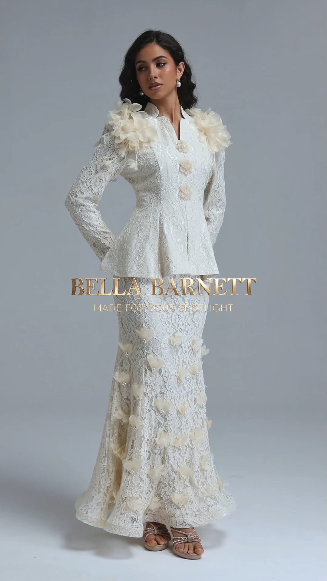 Edith Vintage Tailored Long Sleeve Floral Lace Top and Skirt Two Piece Set