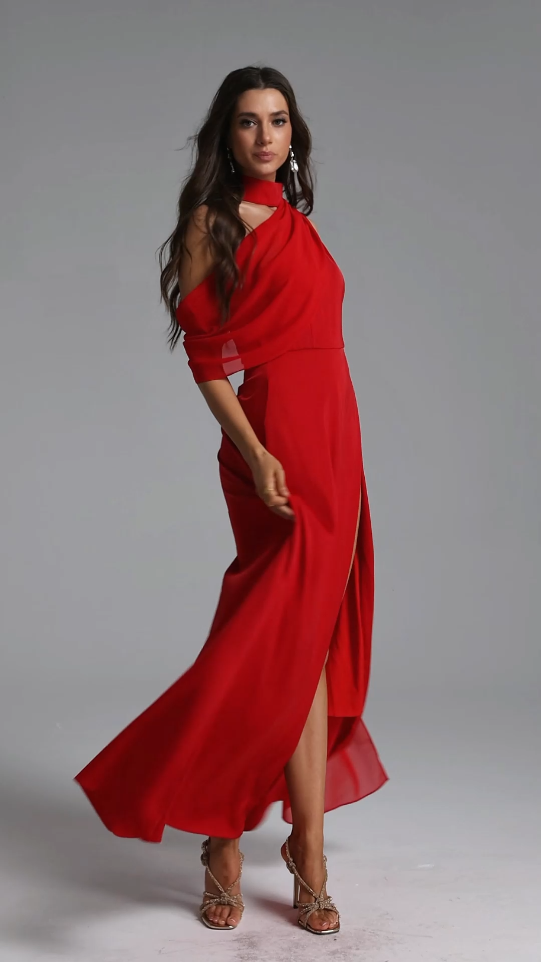 Kailani Chic Flowy High Neck One Shoulder Pleated High Slit Maxi Dress