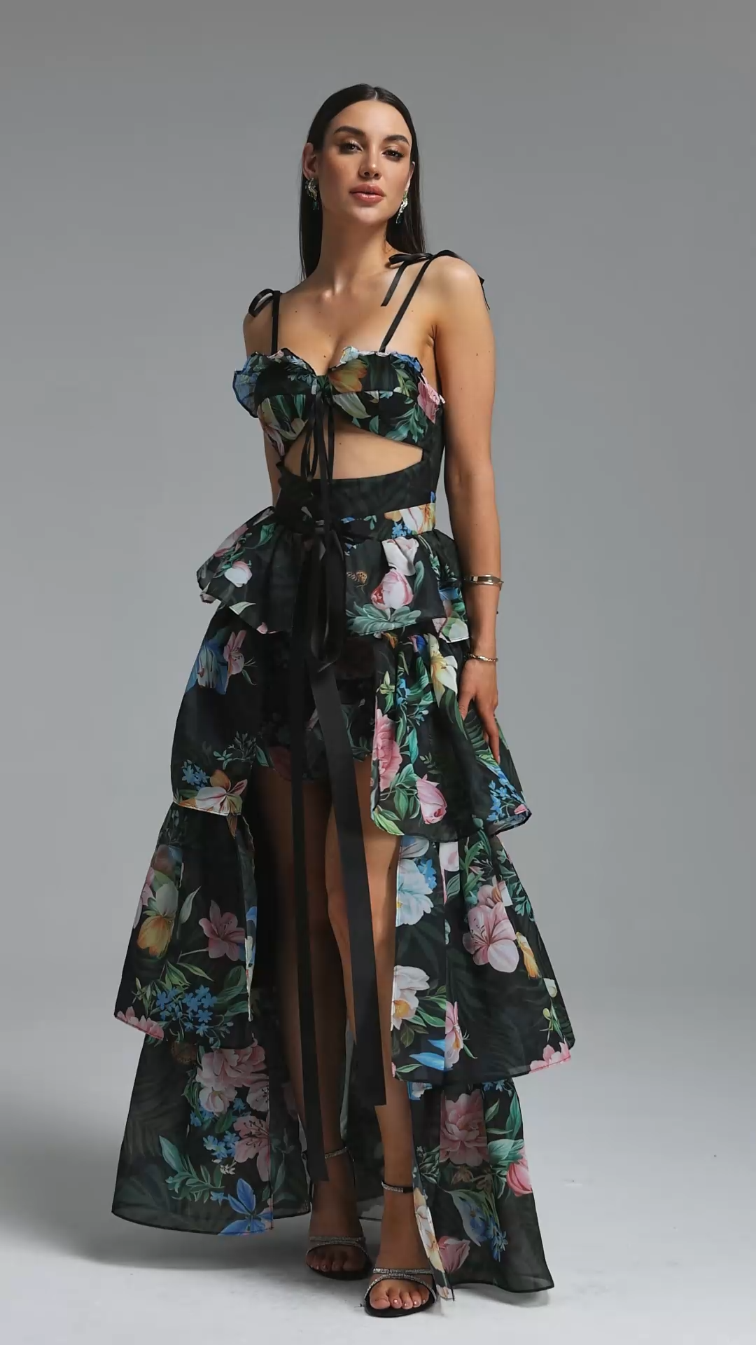 Pale Chic Flowy Halter Cut Out Floral Print Ruffle Green Maxi Dress