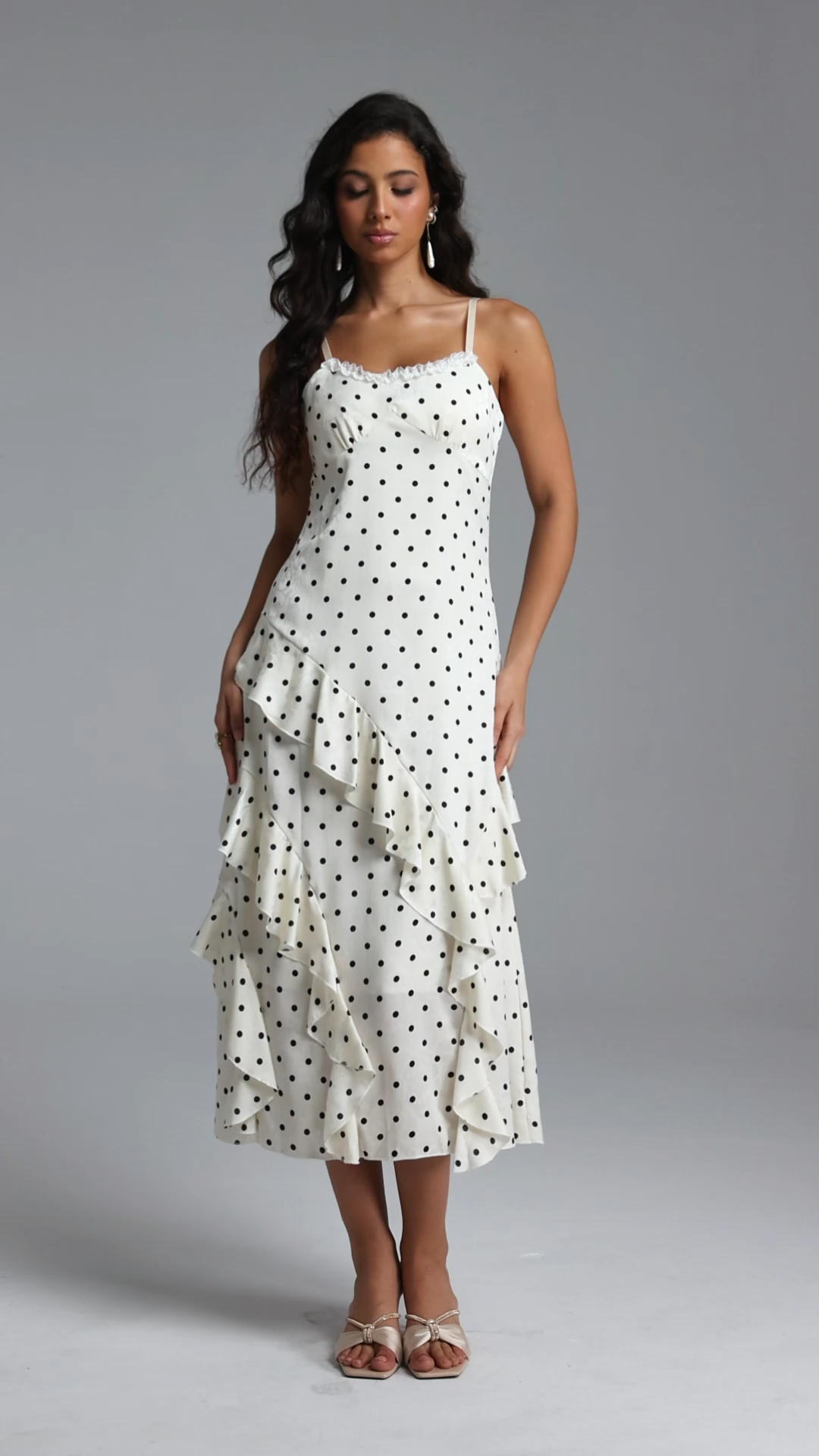 Lunare Resort Flowy Sleeveless Ruffle Polka Dot Detailing Maxi dress
