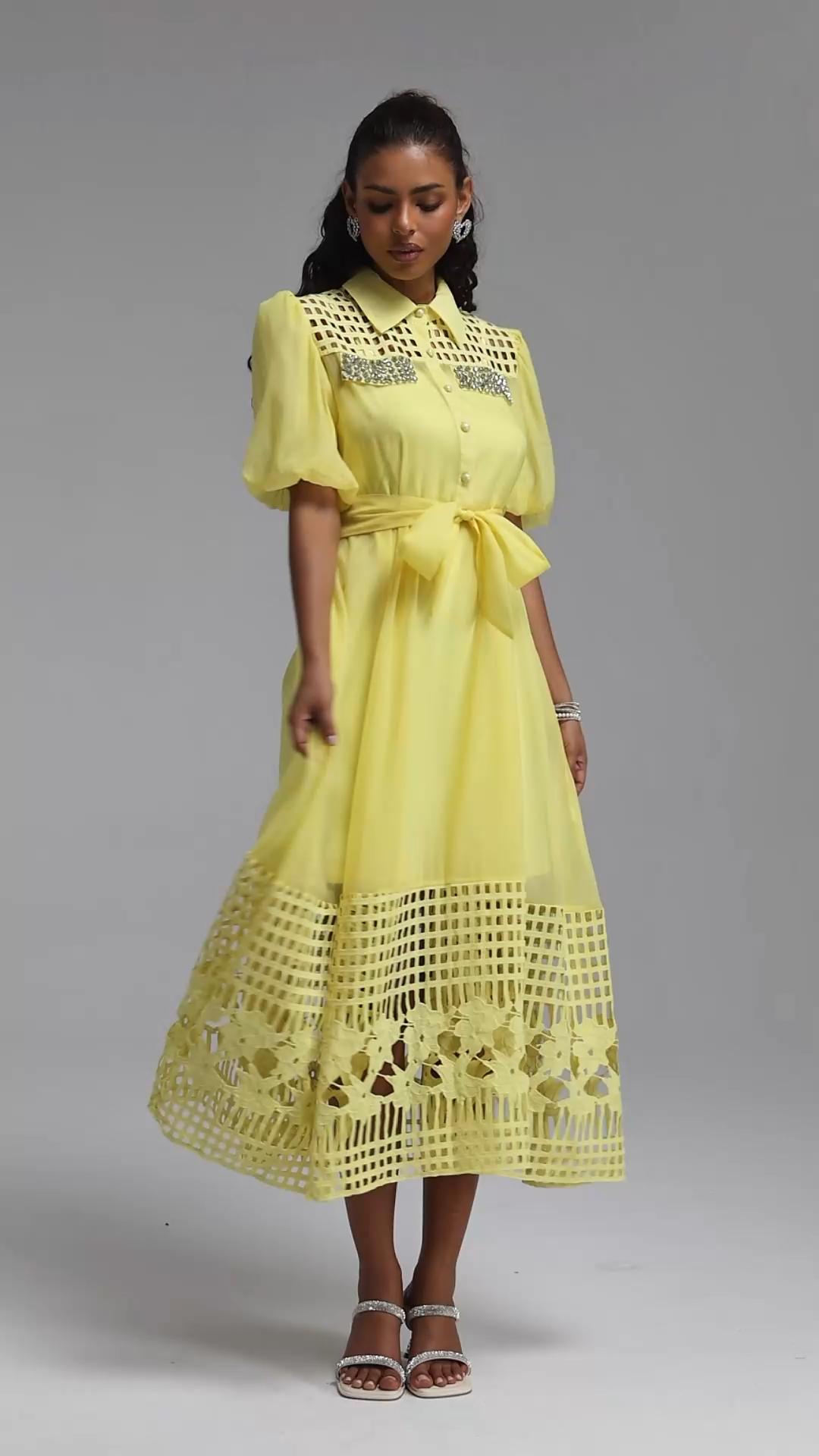 Delilah Resort Flowy Puff Sleeve Rhinestone Cut Out Yellow Woven Maxi Dress