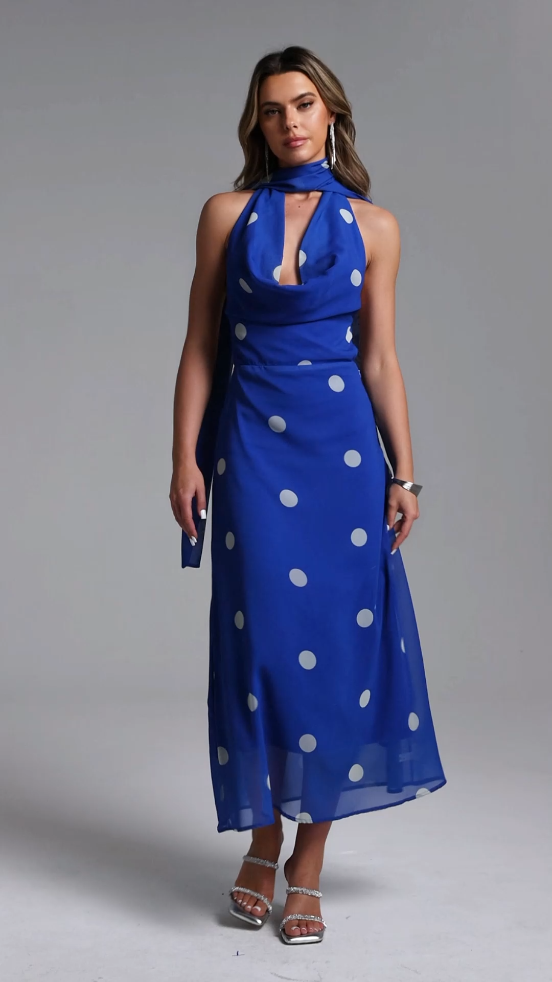 Doda Chic Flowy Halter Scarf Polka Dot Maxi Dress
