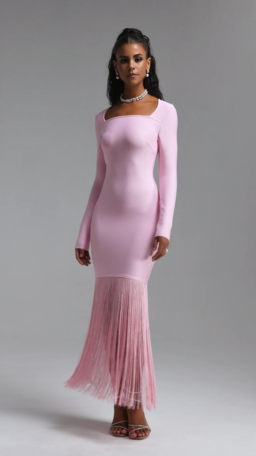 Erina Vintage Square Neck Long Sleeve Tassel Bandage Pink Maxi Dress