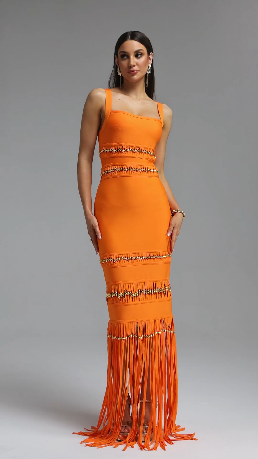 Shanley Chic Contour Sleeveless Beaded Fringe Orange Bandage Maxi Dress