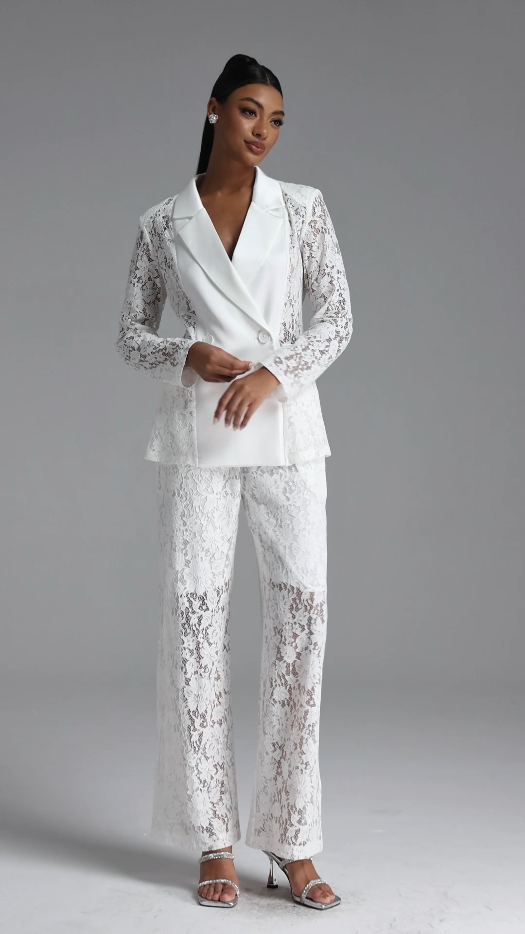 Phyllis Elegant Tailored Long Sleeve Lace Blazer and Pants Set