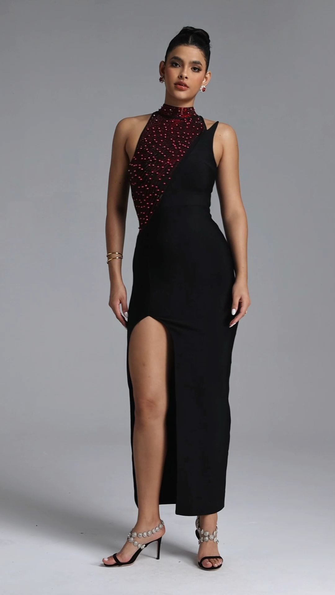 Liopa Chic Contour Halter Pearl Crystal Bandage Maxi Dress