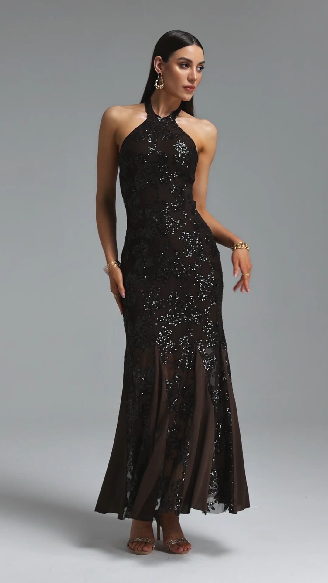 Yuhie Luxurious Contour Halter Open Back Floral Sequin Midi Dress