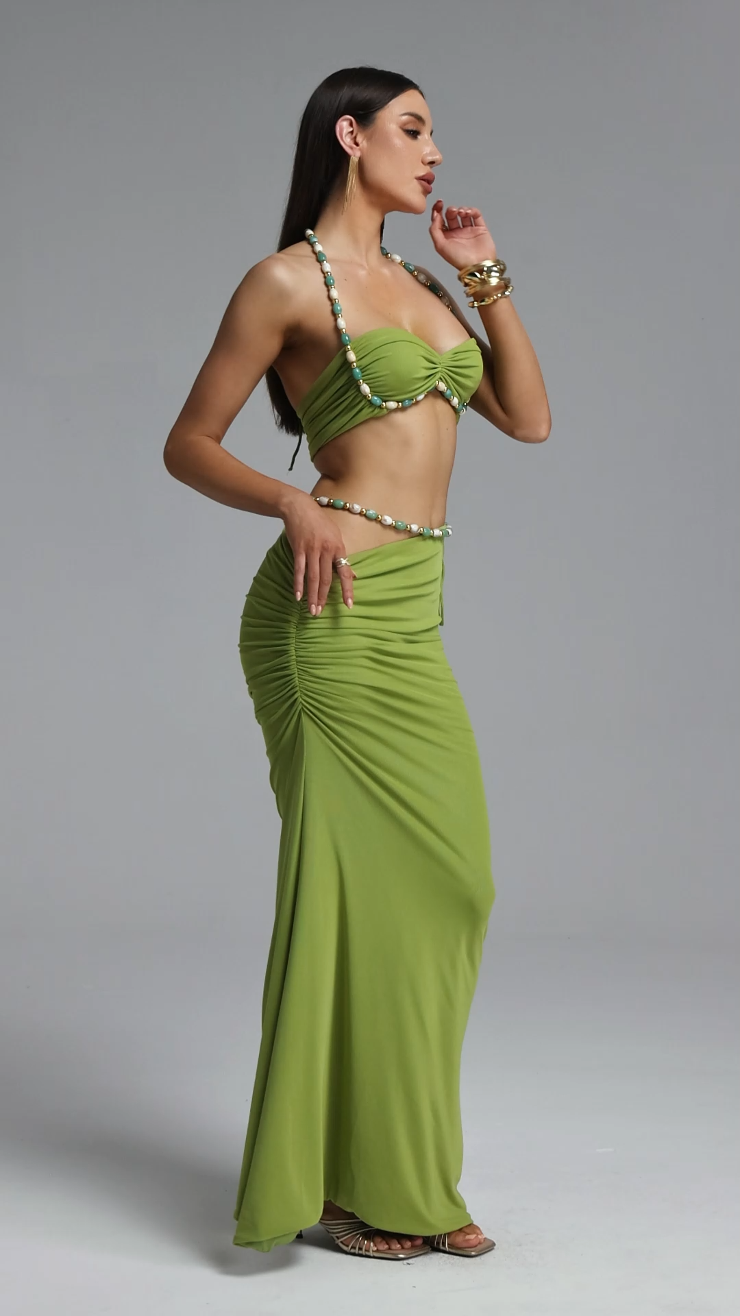 Varo Chic Flowy Beaded Top and Ruched Green Skirt Set