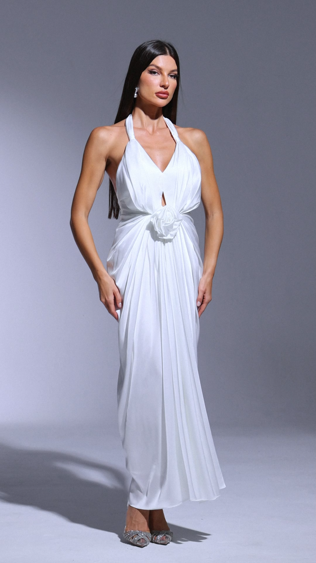 Pale Deep-V Halter Flowers Maxi Dress