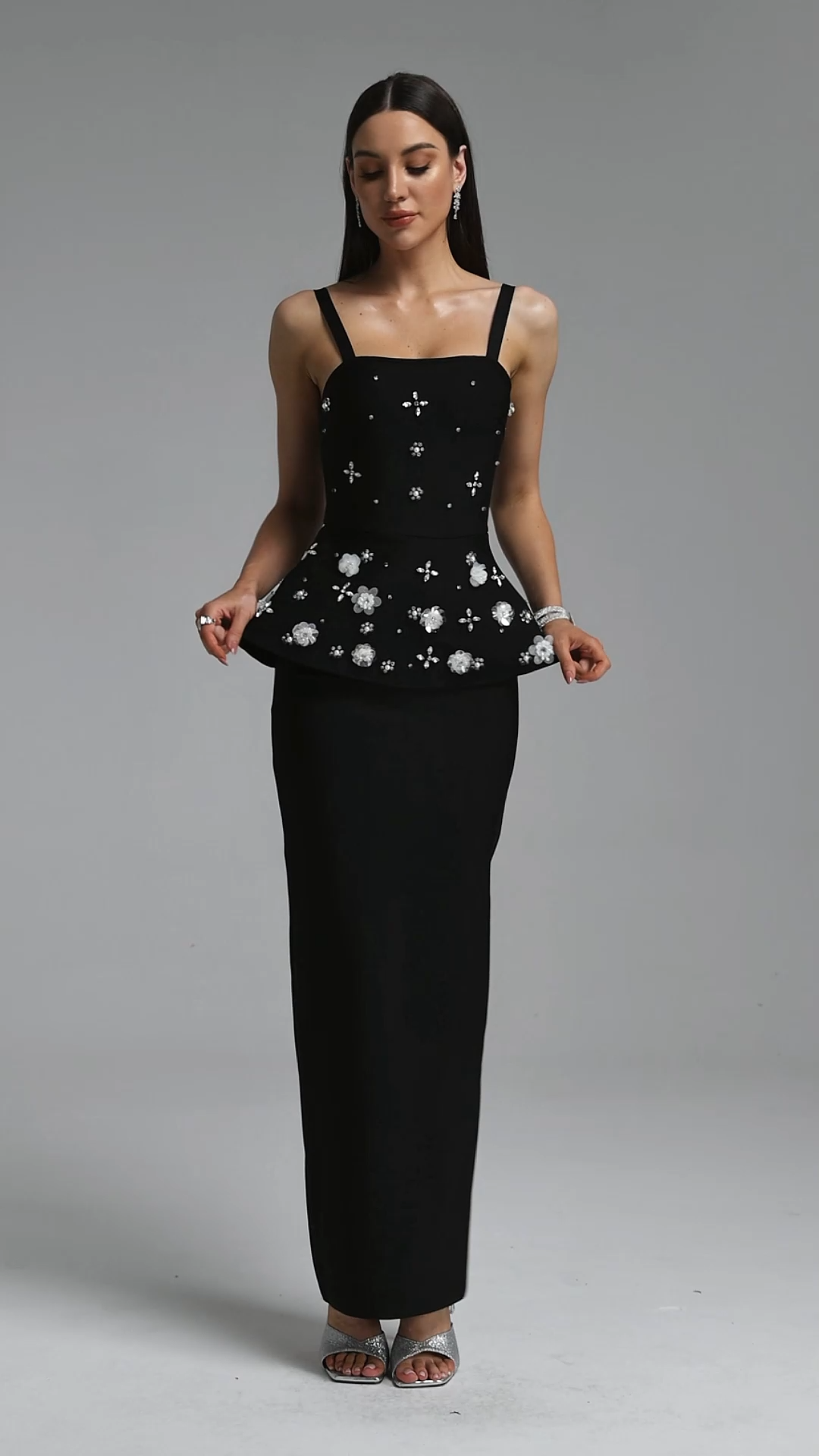 Ereen Elegant Strap Square Neck Rhinestone Bandage Maxi Dress