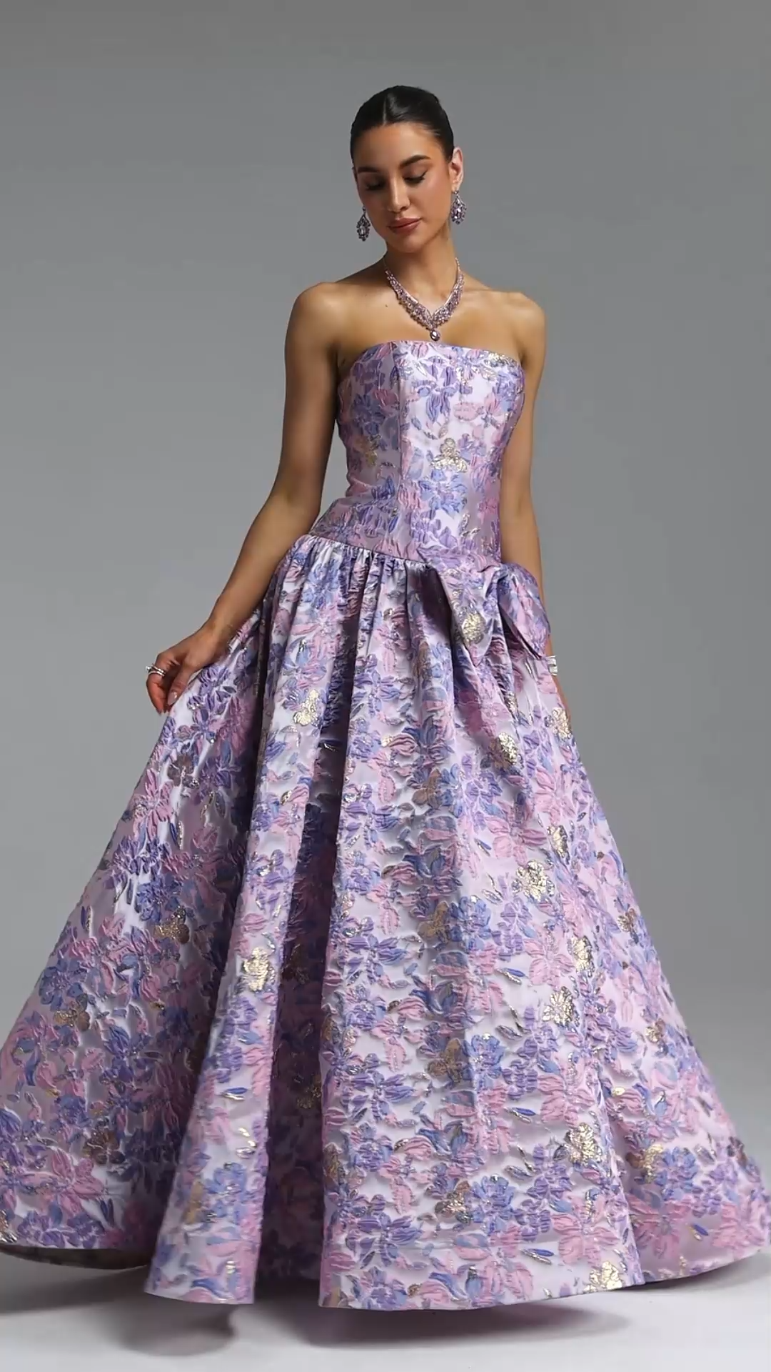 Jacey Elegant Waist-Cinching Strapless Jacquard Satin Bow A-Line Maxi Evening Dress
