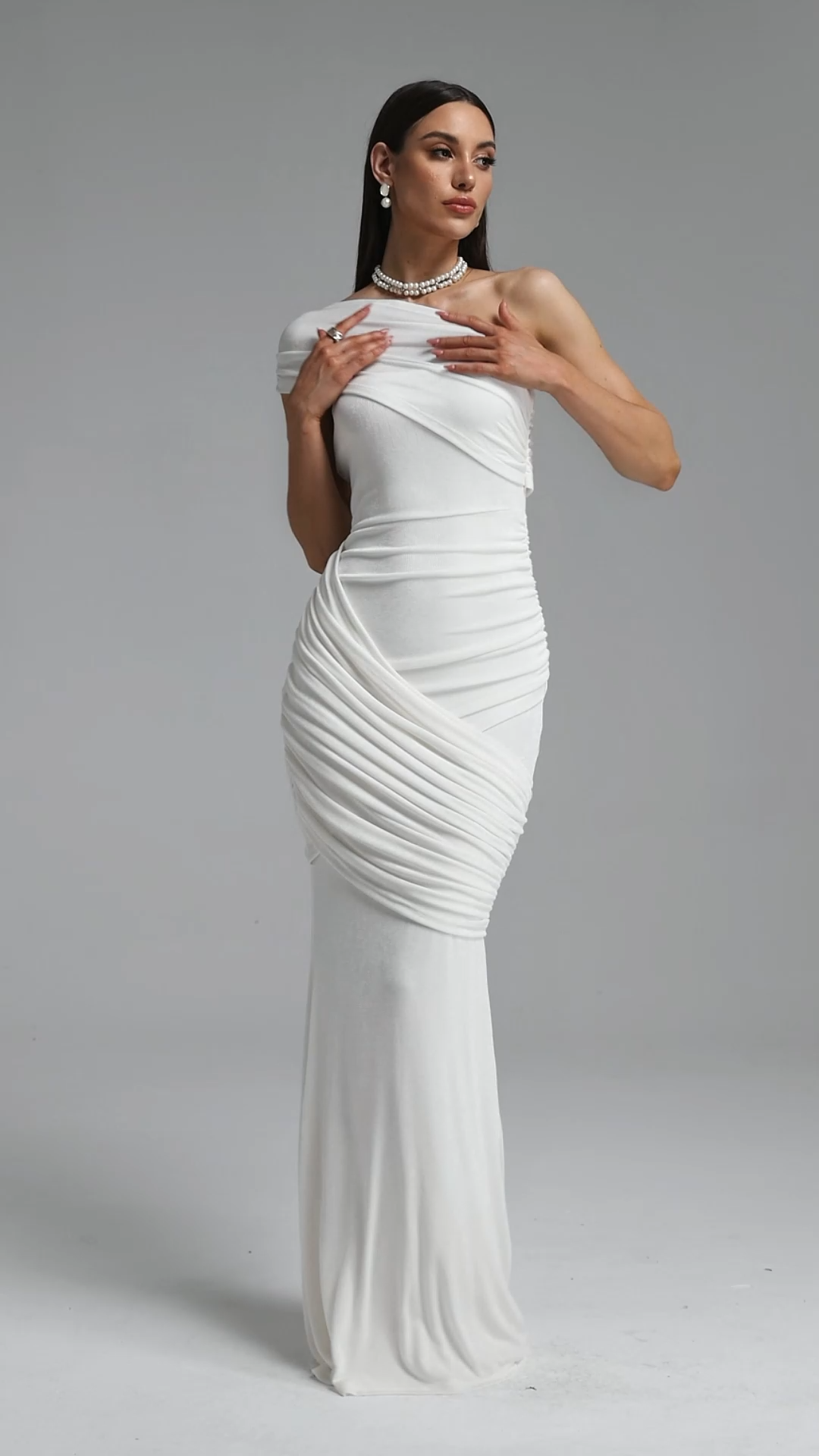 Yako Elegant Contout One Shoulder Draped Cross Ruched Maxi Dress