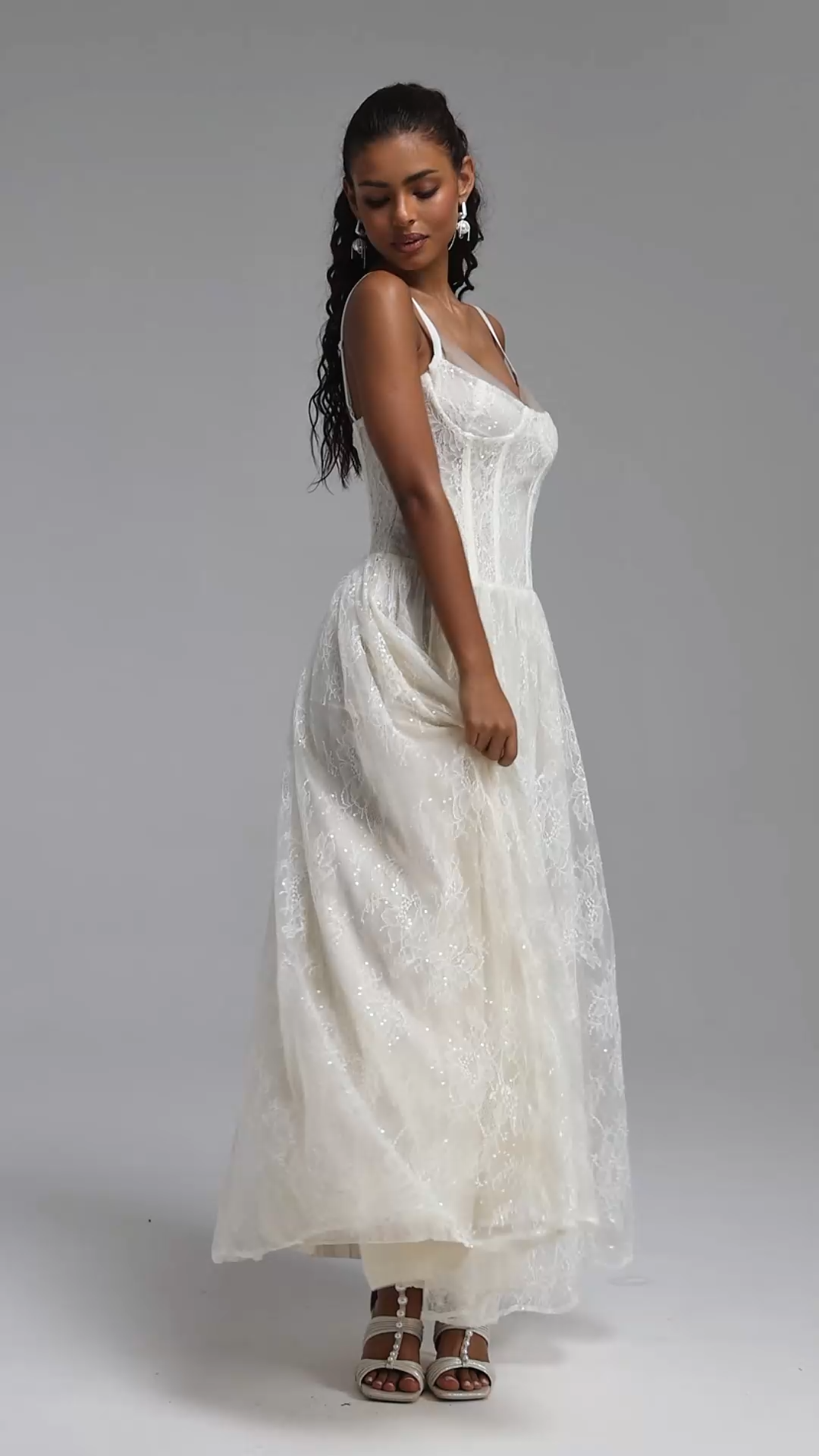 Ingrid Romantic Flowy Spaghetti Strap Floral Lace Maxi Dress
