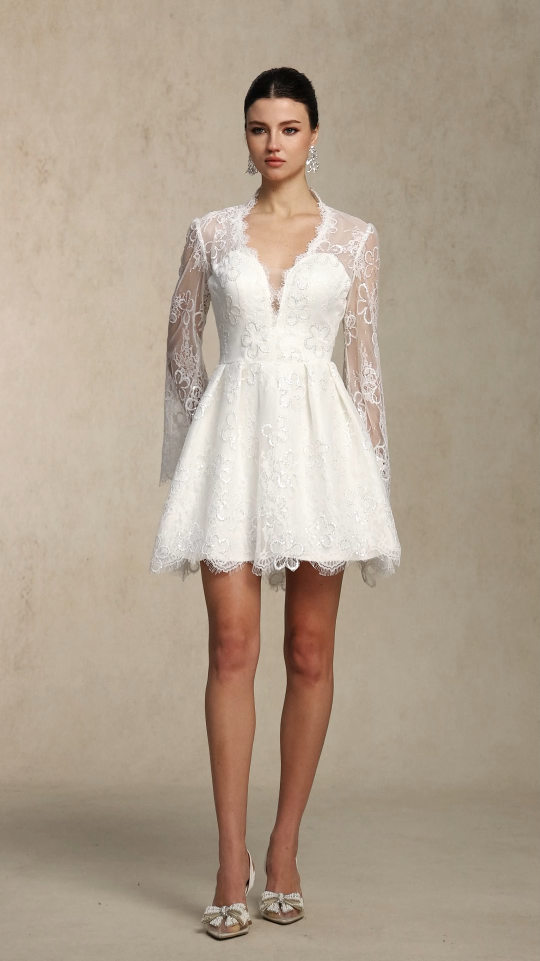 Irare Romantic V Neck Long Sleeve Cinched Waist White Lace Mini Dress