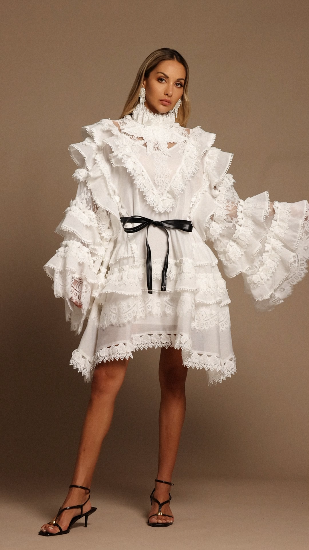 Devere Long Sleeves Layered Folds Lace Mini Dress