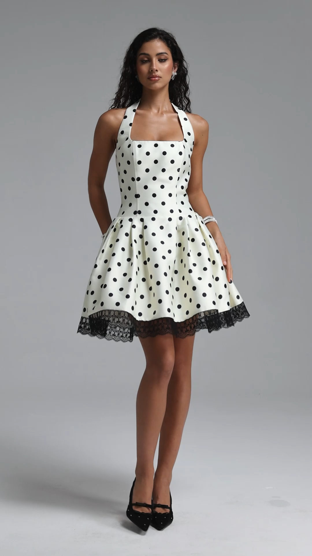 Rizza Classic Tailored Square Neck Lace Trimmed Polka DotWoven Mini Dress