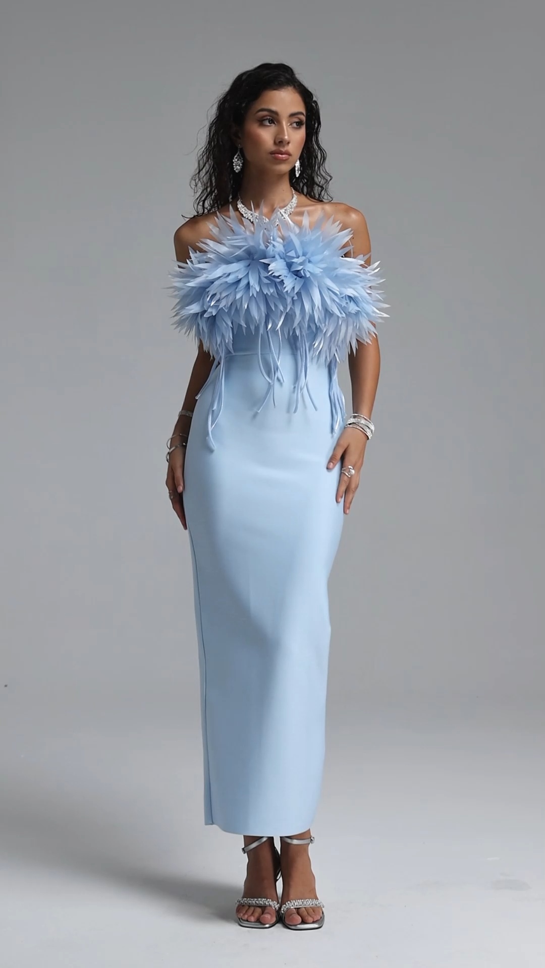 Wenie Gentle Feather Off Shoulder Tassel Bandage Maxi Dress