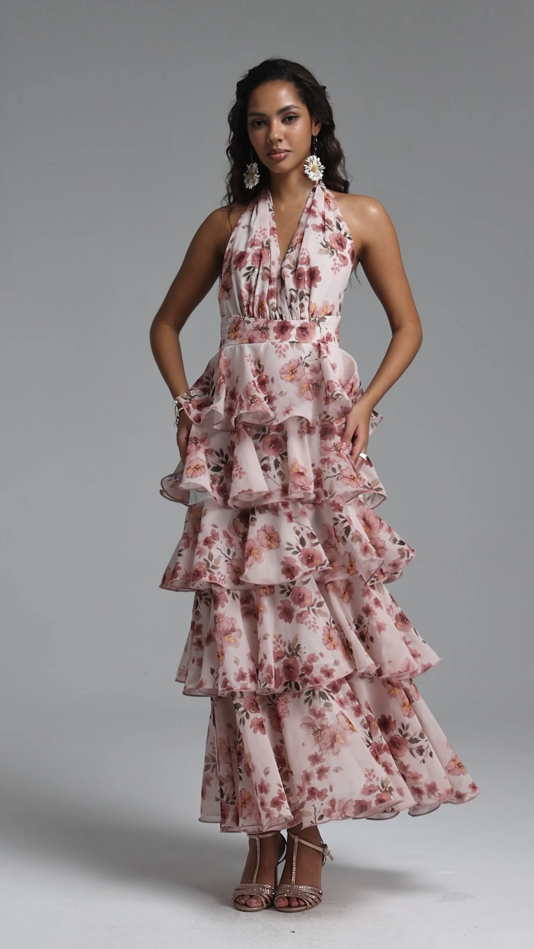 Vinly Romantic Flowy Sleeveless Tiered Ruffle Floral Print Chiffon Maxi Dress