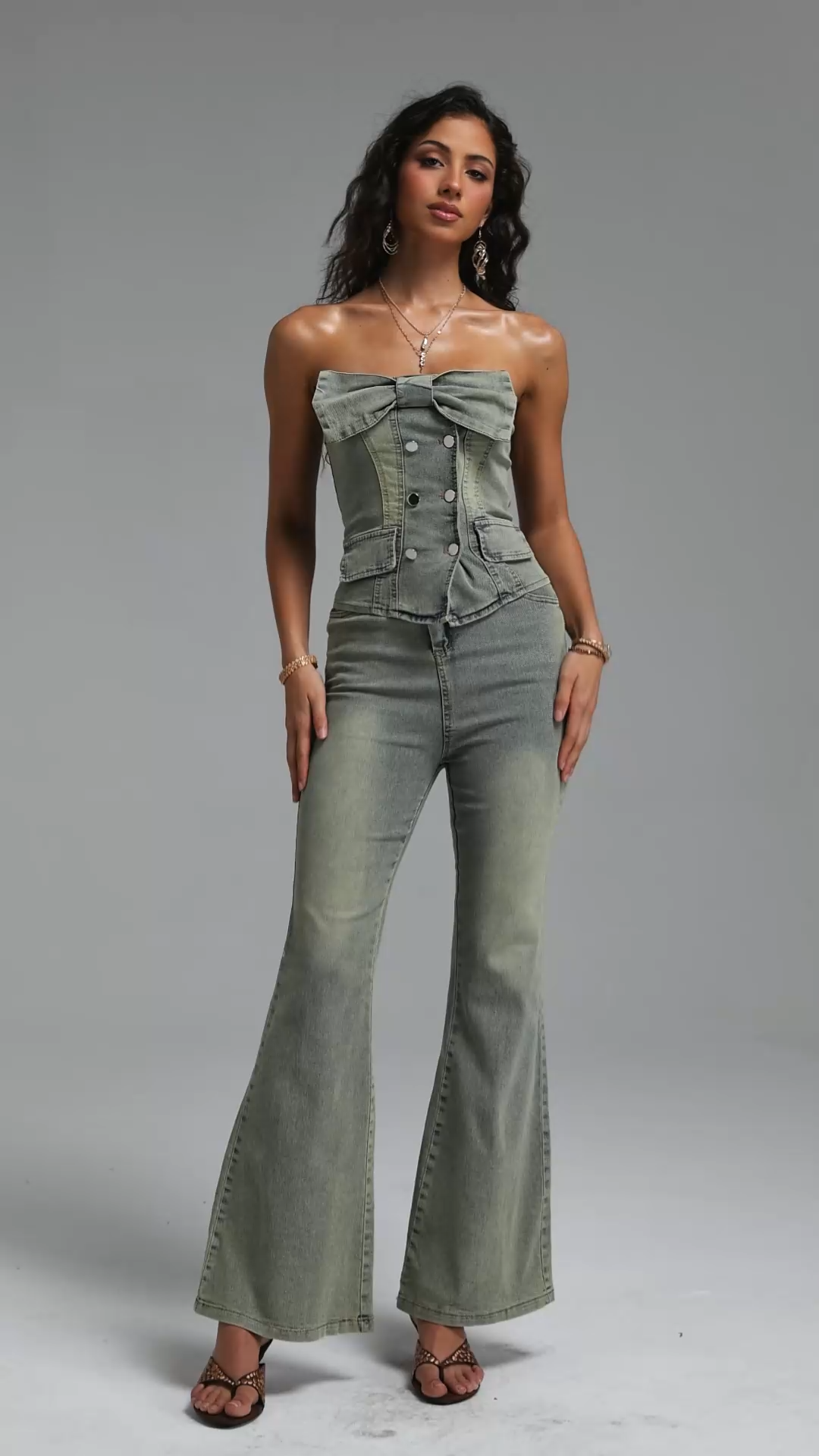 Paca Chic Contour Bow Denim Top And Pant Two Piece Set
