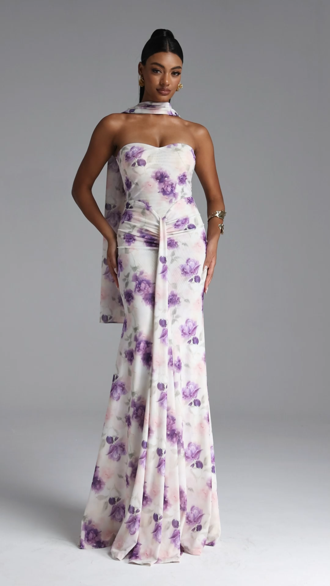 Olivia Romantic Contour Strapless Scarf Ruched Floral Print Mesh Maxi Dress
