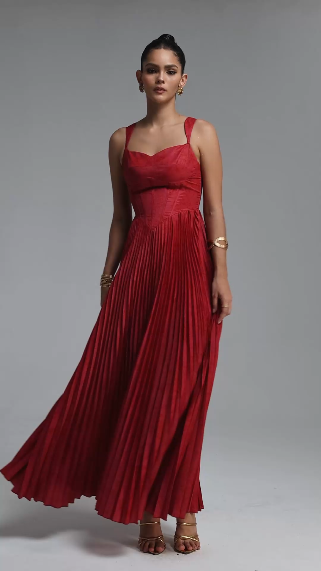 Mitra Elegant Flowy Wide Strap Heart Neck Pleated Red Maxi Dress