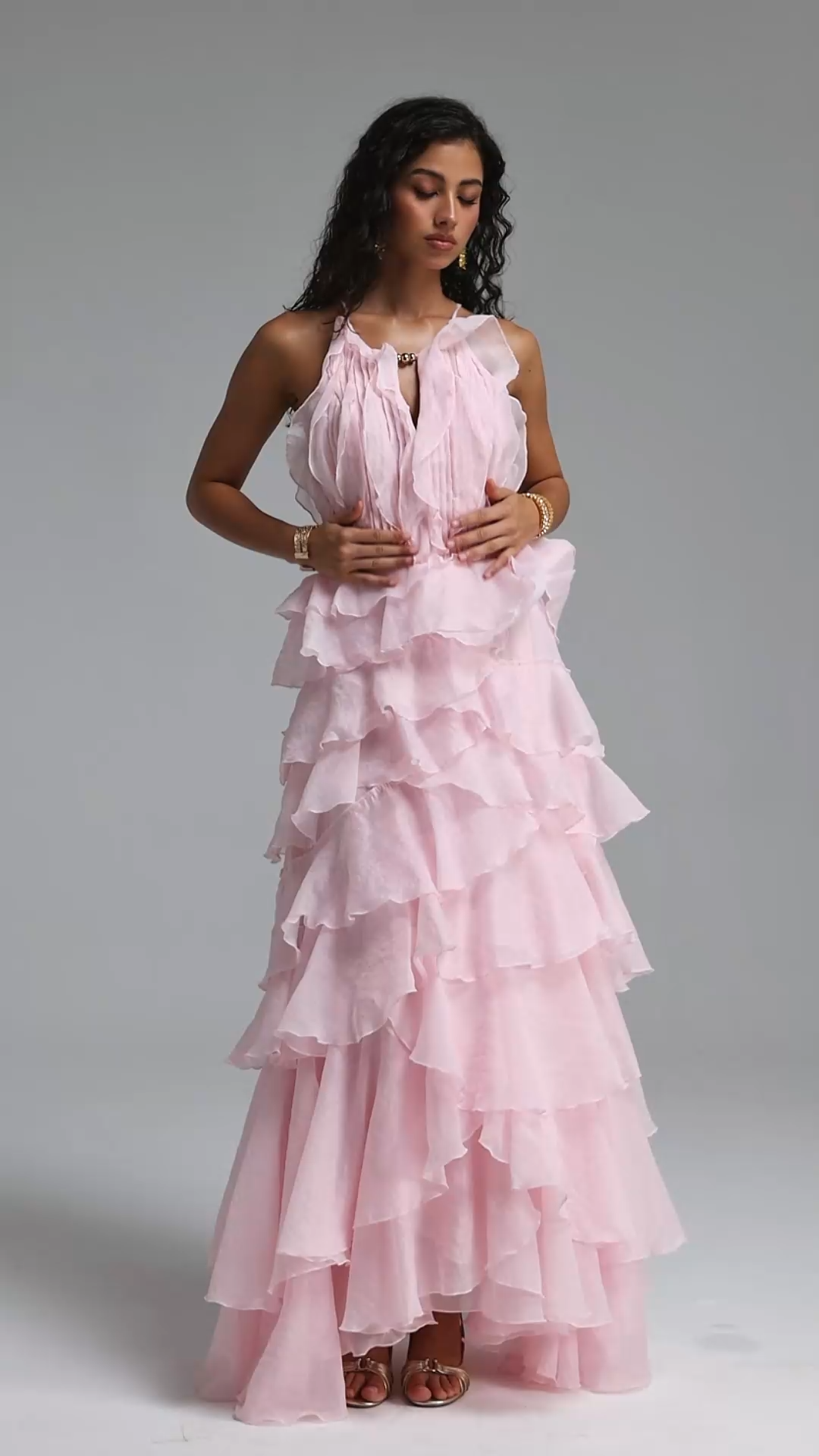 Ksenia Vintage Halter Tiered Ruffle Flowy Pink Maxi Dress