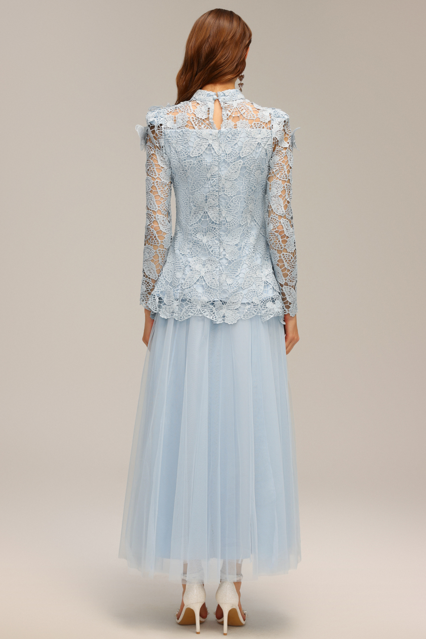 Sabina Long Sleeve Folds Lace Butterfly Top And Skirt Two-Piece Set