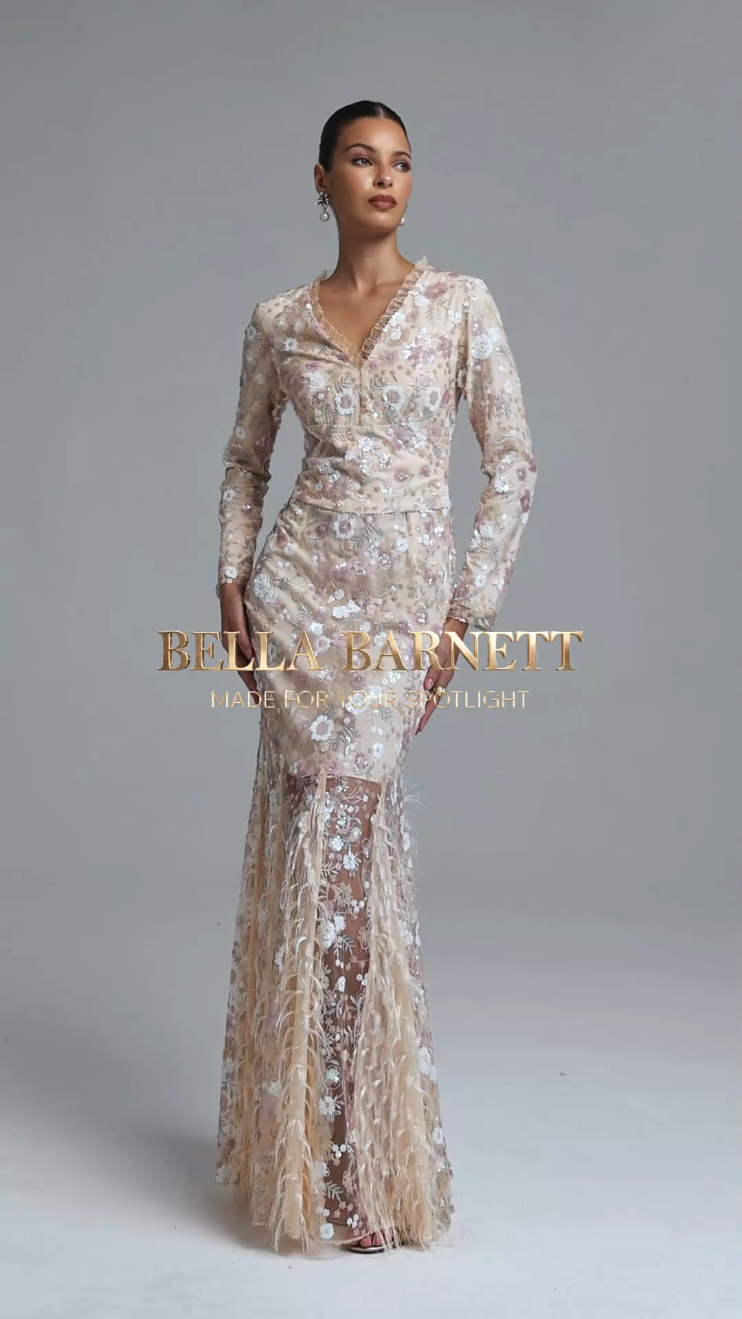 Sareza Classic Contour V Neck Long Sleeve Floral Embroidery Sequin Feather Maxi Dress