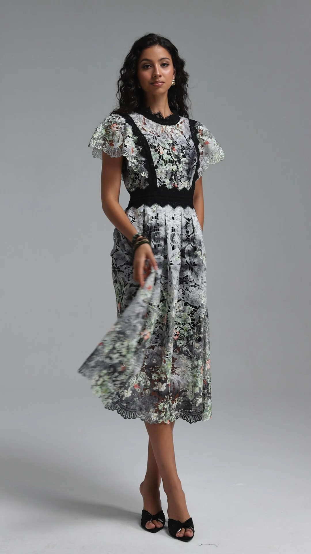 Leanna Resort Flowy Short Sleeve Floral Print Lace Black Midi Dress