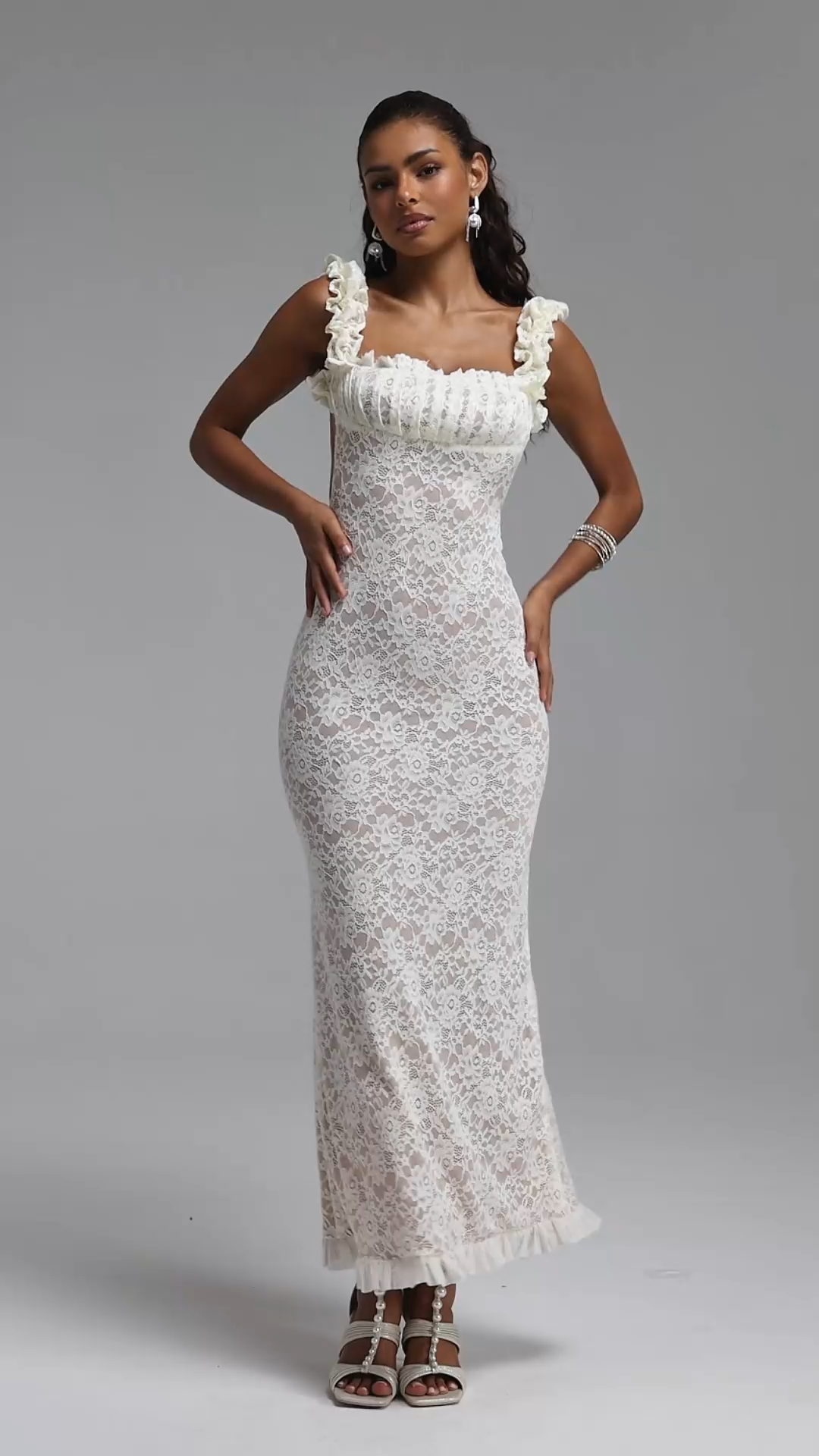 Trese Sexy Contour Ruffle Straps Backless Floral Lace Maxi Dress