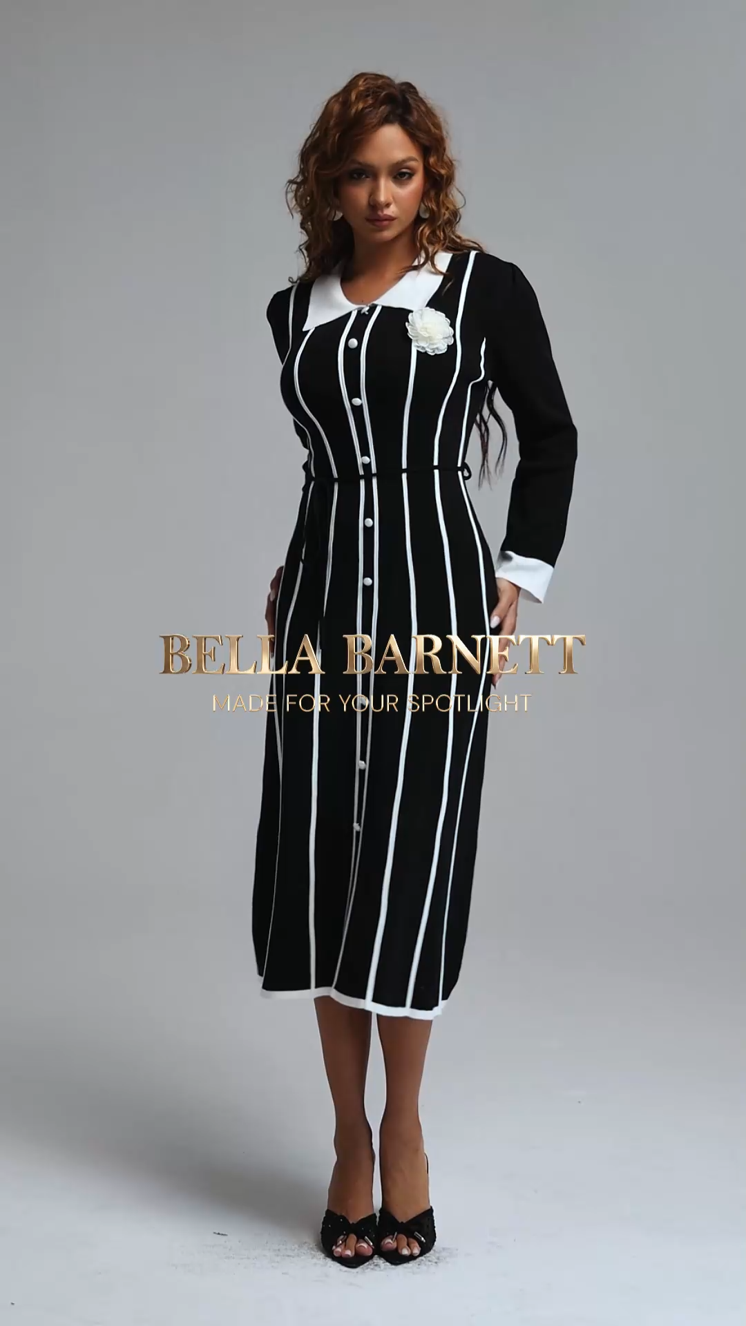 Resber Elegant Contour Collared Long Sleeve Contrast Striped Single-Breasted Knit Midi Dress