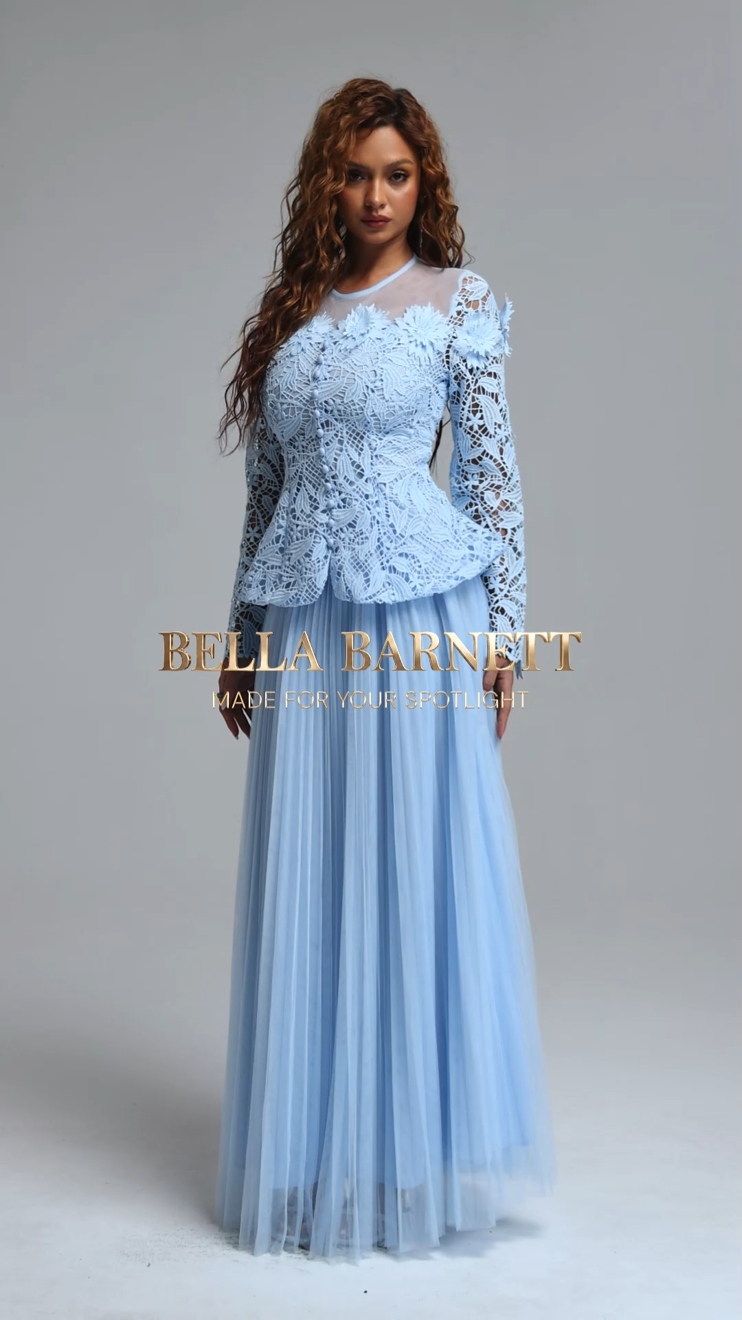 Kasa Romantic Flowy Round Neck Long Sleeve Lace Top and Pleated Tulle Skirt Two Piece Set