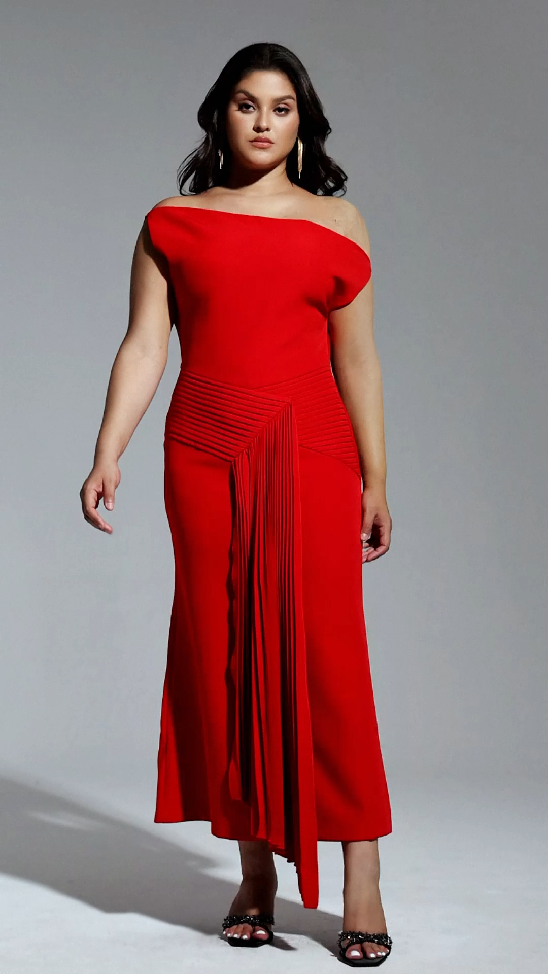 Jillian Oblique Shoulder Sleeveless Folds Midi Dress