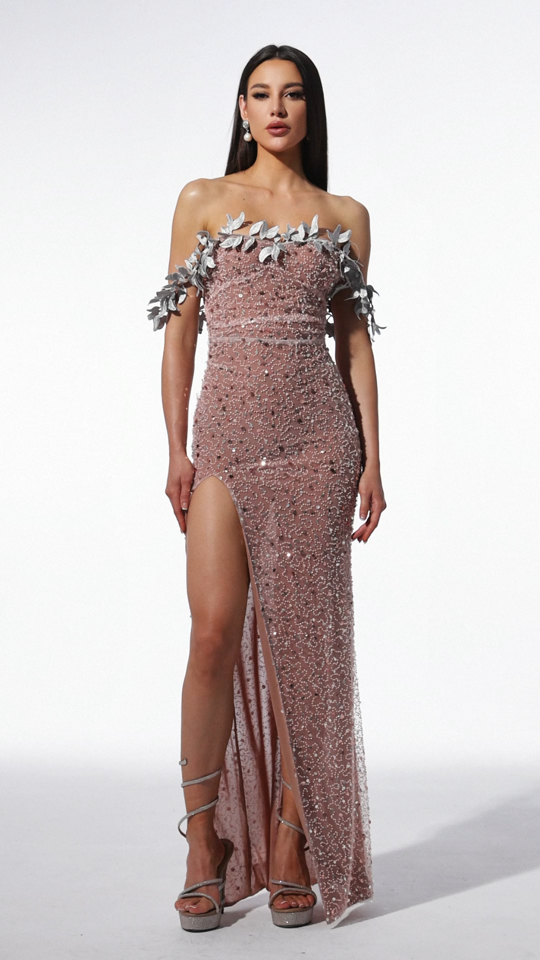 Siola  Off-The-Shoulder Lace Slit  Sequins Maxi Dress