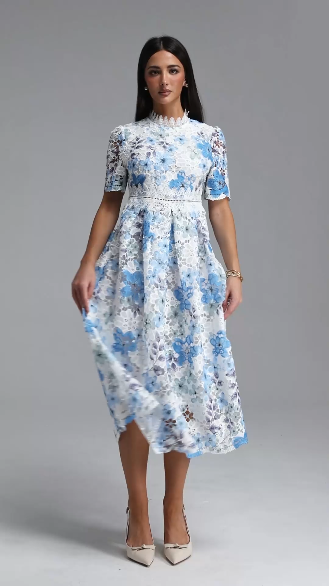 Pelosy Elegant Cinched Short Sleeve Floral Print Lace Midi Dress