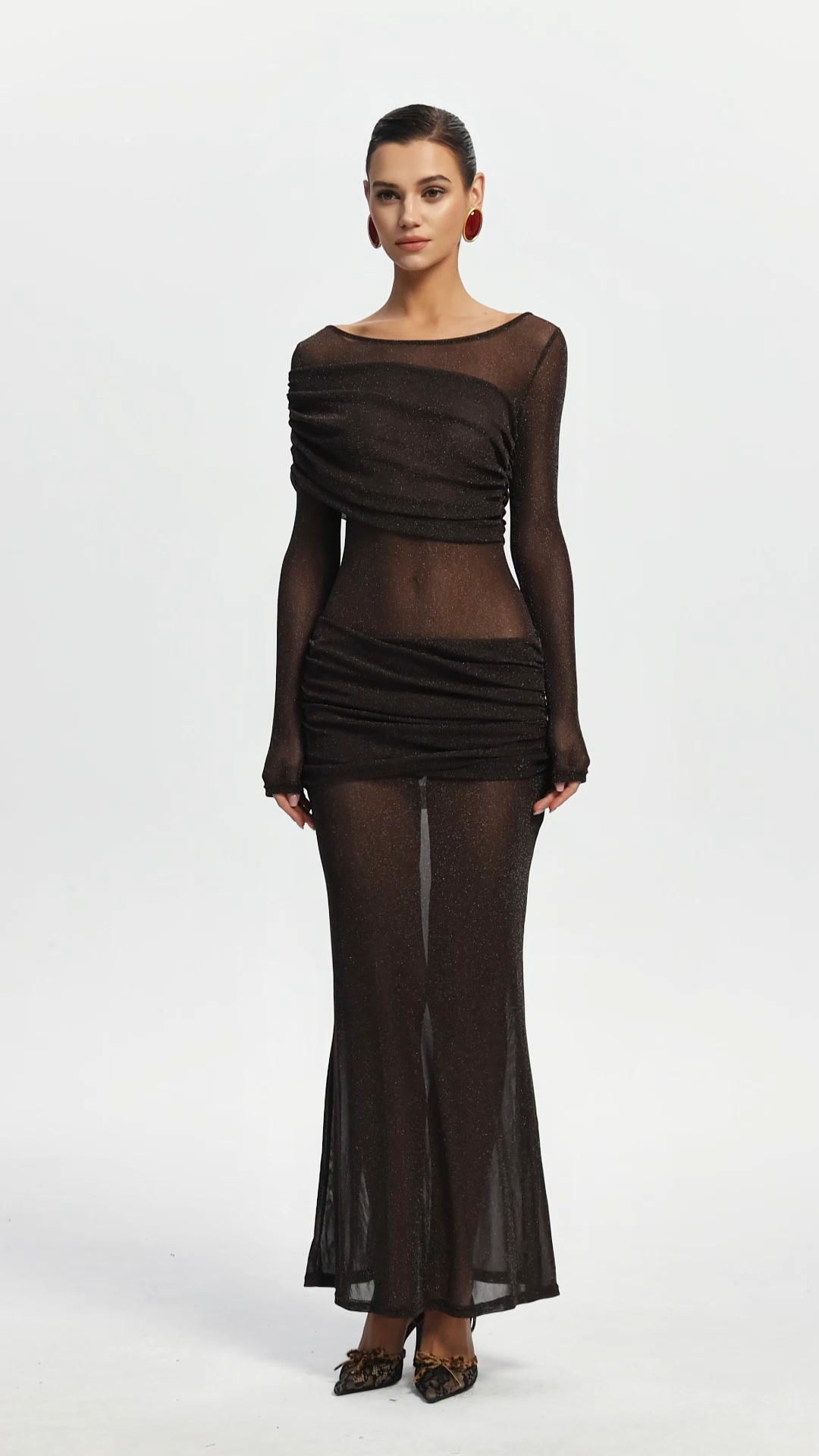 Moony Elegant Contour Long Sleeve Pleated Mesh Maxi Dress
