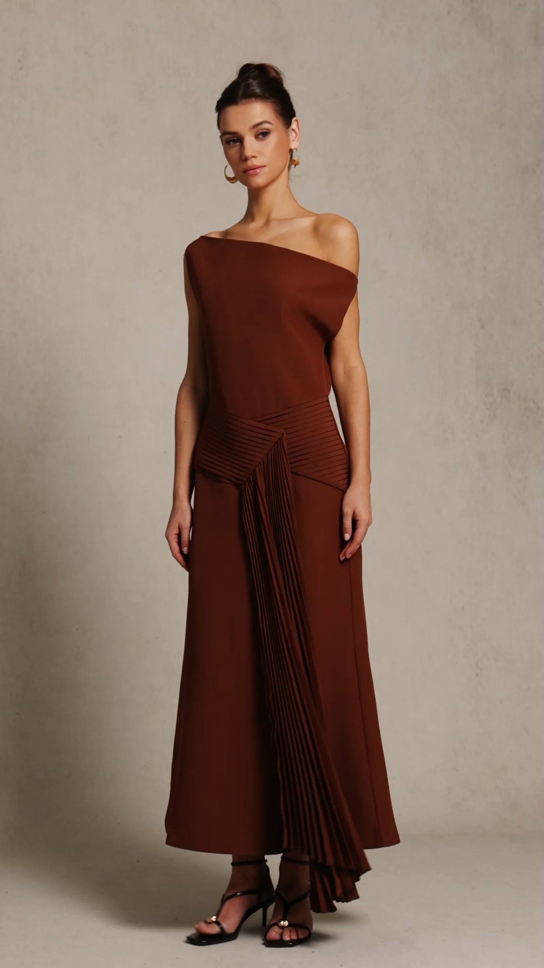 Paulina Oblique Shoulder Sleeveless Folds Brown Midi Dress