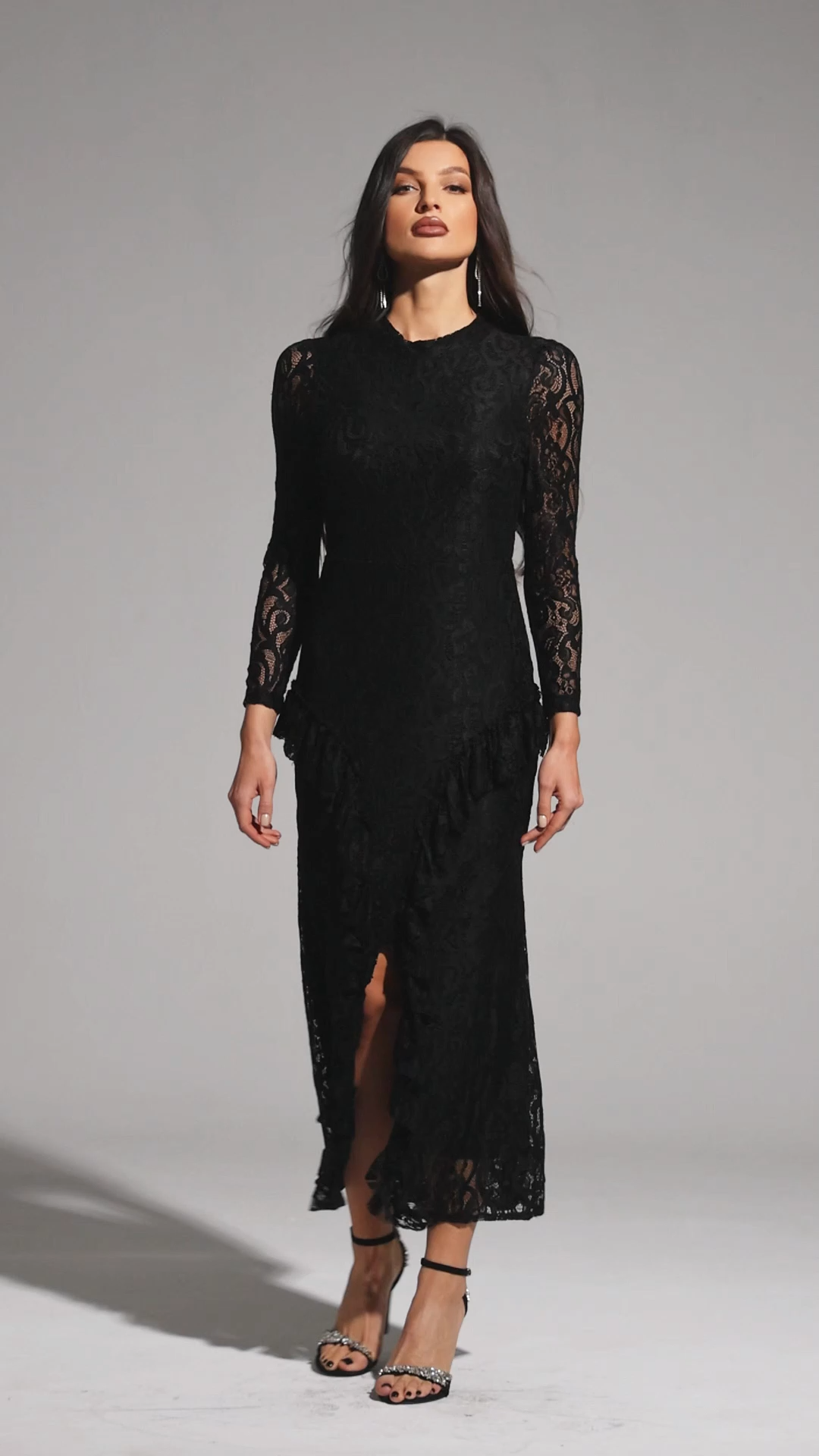 Dazie Long Sleeve Lace Flounce Slit Maxi Dress