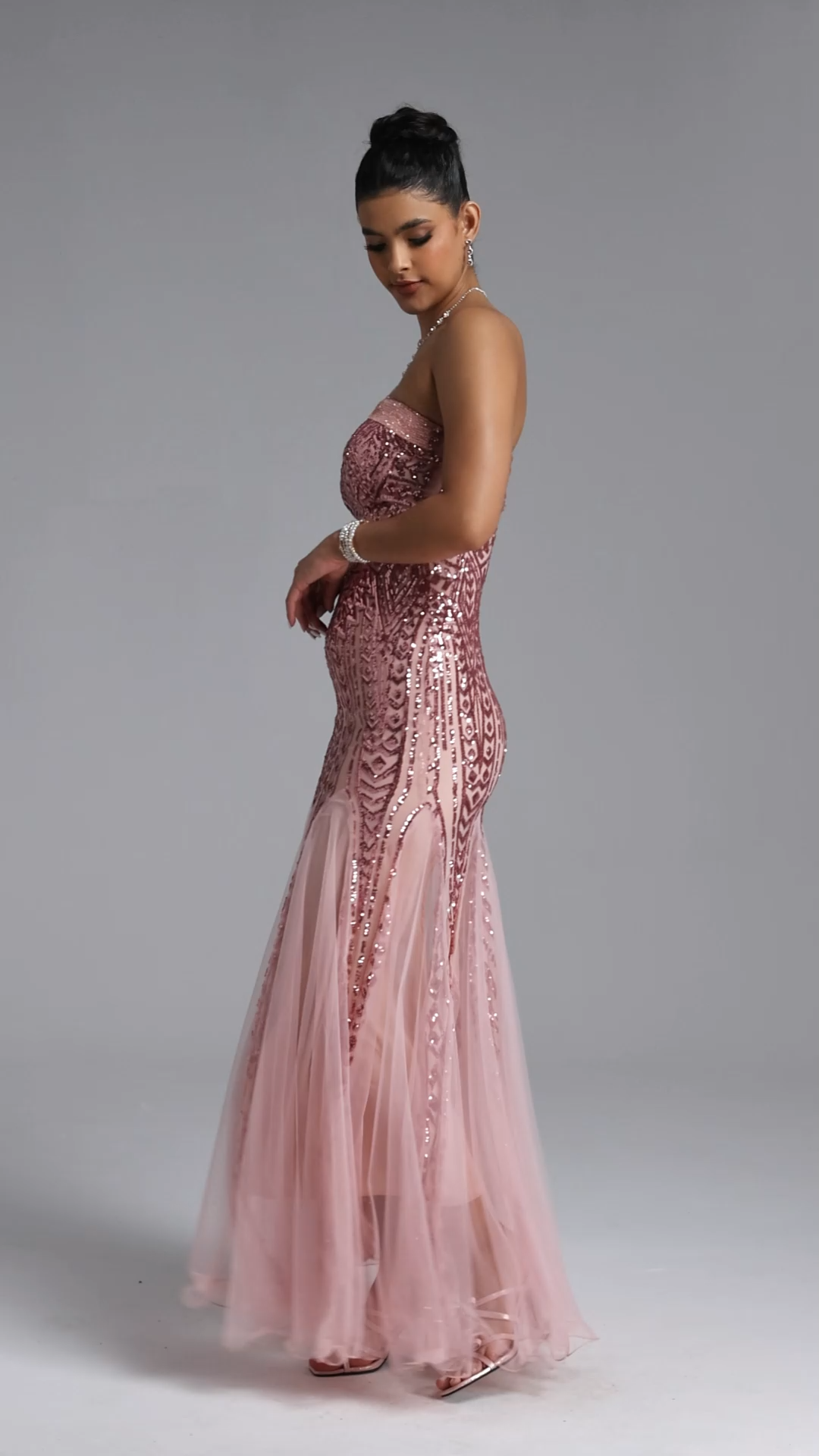 Elay One-Shoulder Sequined Fishtail Pink Maxi Dress
