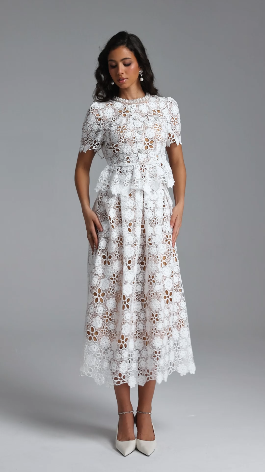 Keve Resort Flowy Short Sleeve Floral Lace Midi Dress