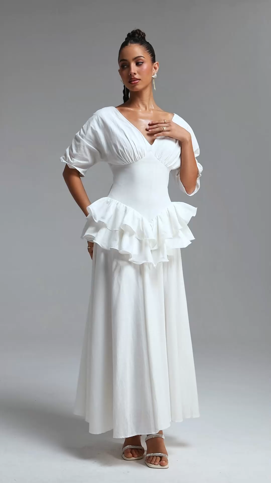 Tyler Romantic Flowy Short Sleeve Ruffle Woven Maxi Dress