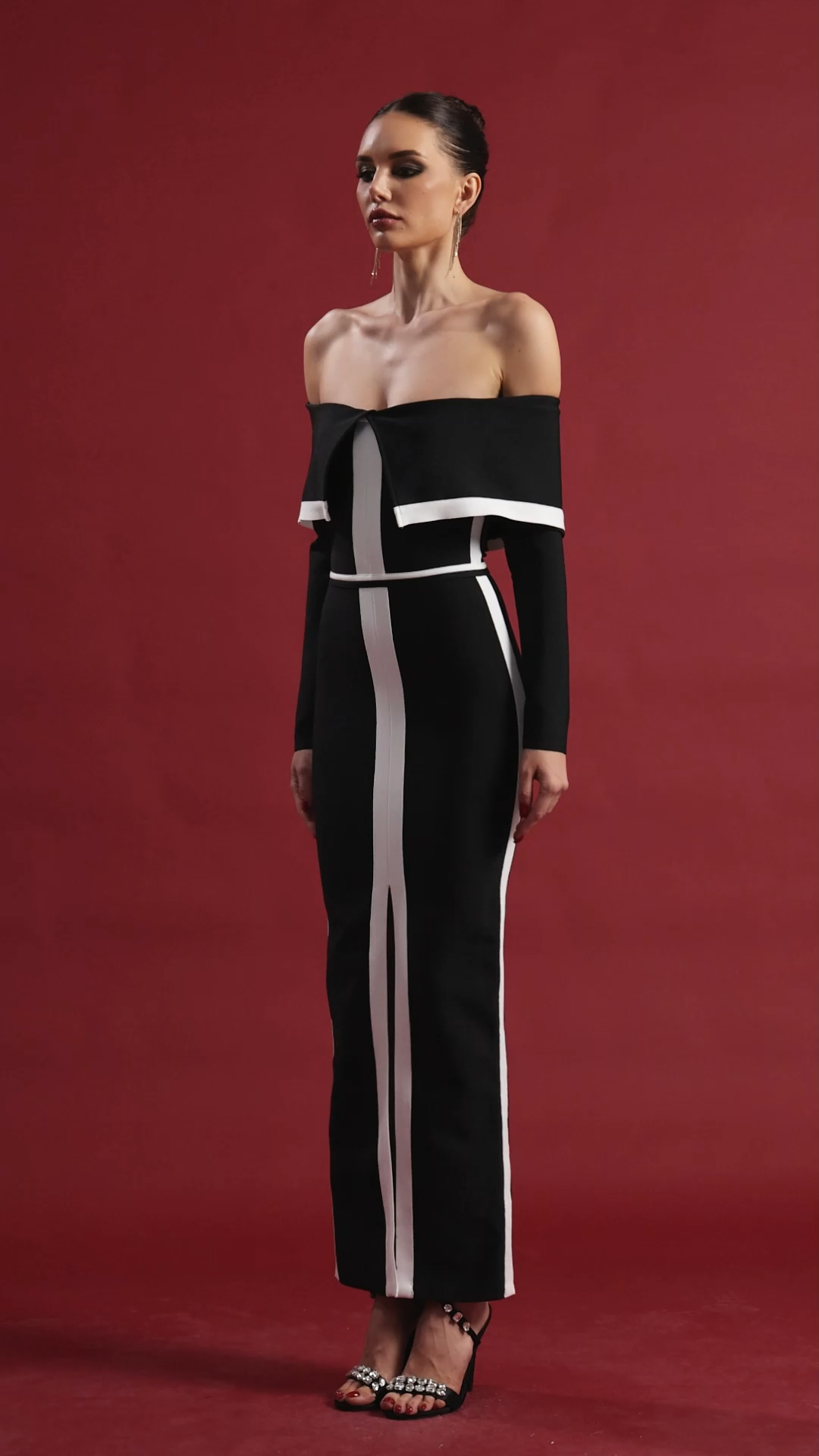 Samiya Elegant Contour Off Shoulder Long Sleeve Stripe Bandage Maxi Dress